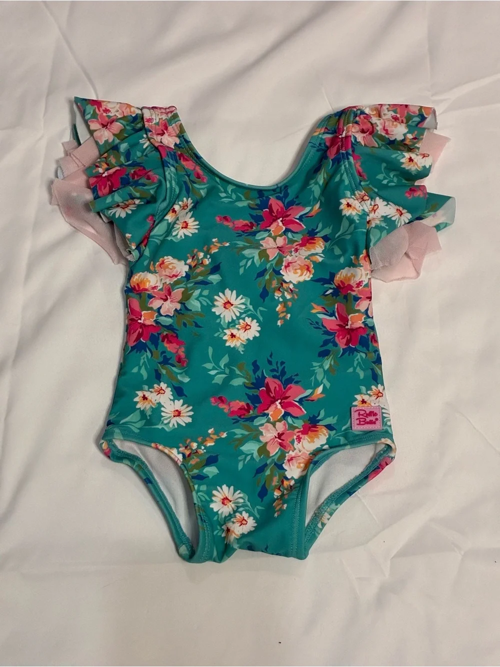 RuffleButts 3-6M Floral Ruffle One Piece Swimsuit Bow Teal Pink Baby Girl